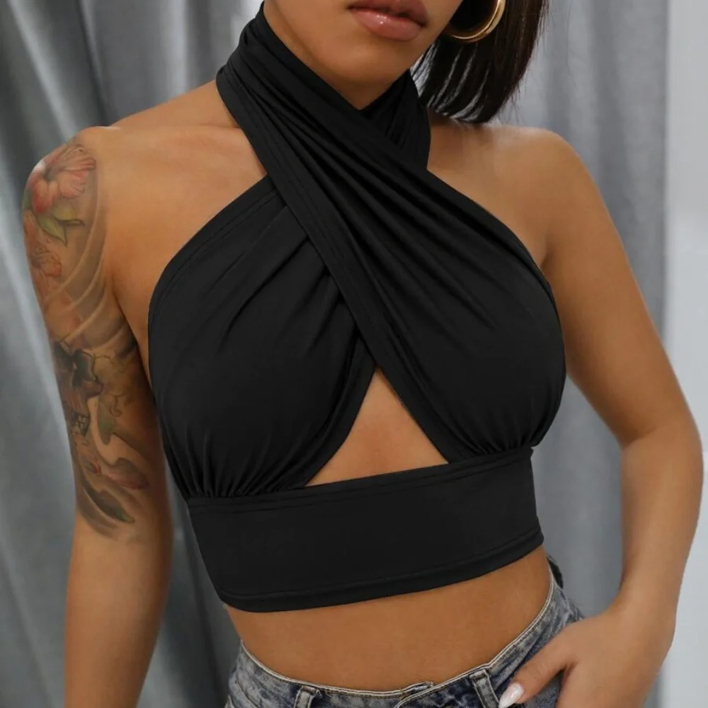 Boho White Ruffle Wrap Halter Crop Top - Picture 9 of 11